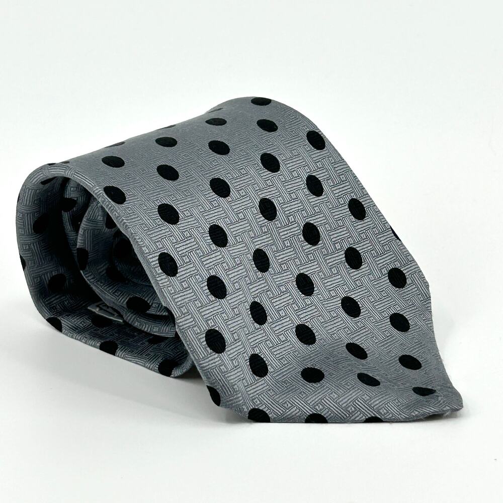 Vintage 80s Andrew Scott Silver Black Polka Dot 100% Silk Necktie